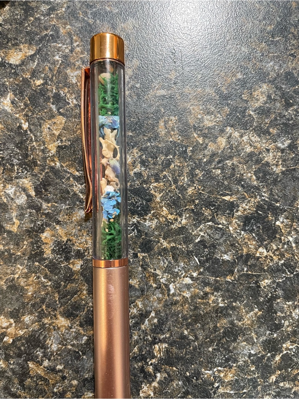 Rose Gold Tone Pen with Real Bones, Moss, Flowers